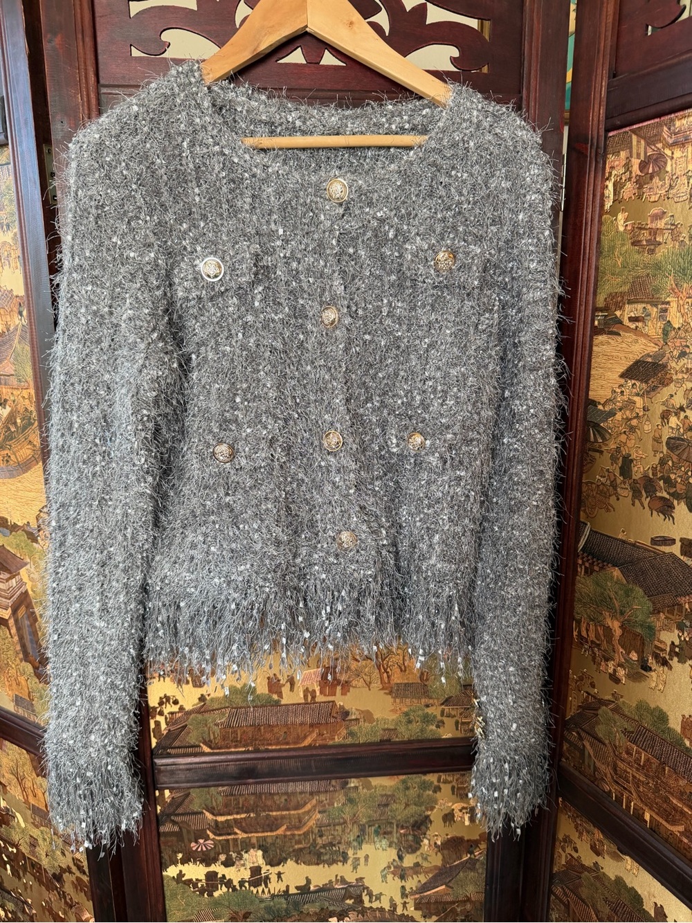 Silver Grey Shaggy Eyelash Knit Jacket